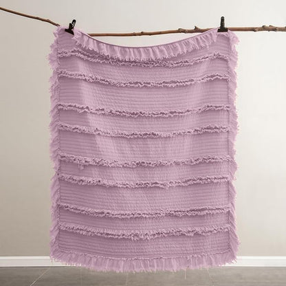 Ultra Soft Pre-Washed Warm Quilted Throw Blanket, Ruffle Fringed Purple Boho Decorative Throw, Stone Washed Chic Rustic Blanket for Sofa Couch Bed Chair, 50"x 60"