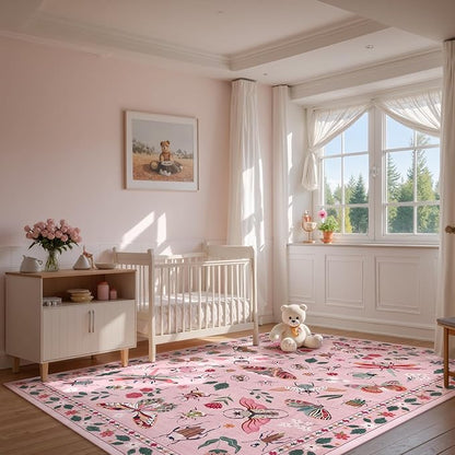 Lahome Insect Washable Rugs for Living Room, Soft 6x9 Rug for Bedroom Ultra-Thin Non Slip Pink Rug, Stain Resistant Easy Clean Large Carpet for Girls Dining Room Nursery Classroom(6'x9',Pink)