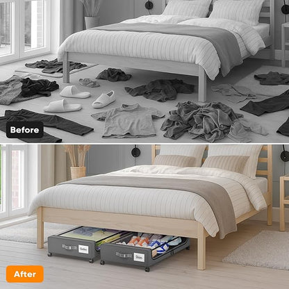 Camkey® Under Bed Storage with 360° Wheels, 2-Pack, 60L Low-Profile Rolling Underbed Bins for Clothes, Shoes, Toys & Books — Easy Pull-Out, Dust Protection, Space-Saving Organizer for Bedroom/Dorm