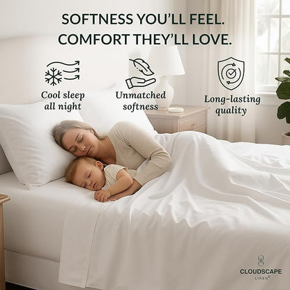 Cloud Scape Linen 100% Egyptian Cotton Sheets for Queen Size Bed, 400 Thread Count, 4 Pieces Bedding Set, Hotel Quality, Silky Soft, Deep Pockets up to 17”, White
