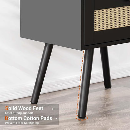 SUPERJARE Nightstands with Charging Station, Bedside Table Set of 2 with PE Rattan Drawers, Rattan Side Table with Storage & Solid Wood Feet, End Table for Bedroom, Black