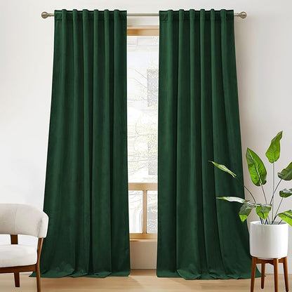 RYB Home Green Living Room Curtains, Vintage Velvet Drape Soft Durable Texture Room Darkening Privacy Window Treatment Decorative Backdrop Thermal Curtain for Bedroom, W52 x L90 inch, 2 Panel