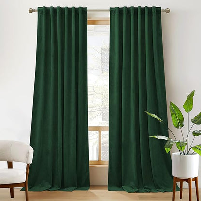RYB HOME Dark Green Velvet Curtains 102 inches, Back Tab Soft Fabric Room Darkening Thermal Insulated Luxurious Home Decor Curtains for Living Room Bedroom, W 52" x L 102", 2 Panels Set