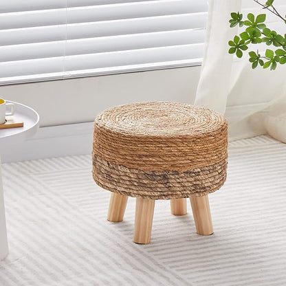 Wimarsbon Round Foot Stool Natural Seagrass Poufs Ottoman Hand Weave Footrest Stool for Couch Desk Extra Seat Step Stool with Solid Wood Legs for Hallway Patio Lounge Brown