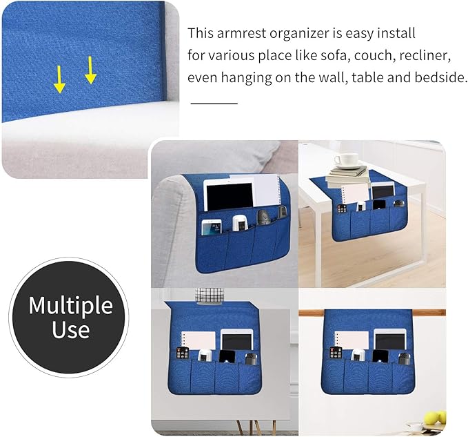 SYSOV Sofa Armrest Organizer, Remote Control Holder for Recliner Couch, Arm Chair Caddy with 6 Pockets for Magazine, Tablet, Phone, iPad (Blue, W19'' x L33'')