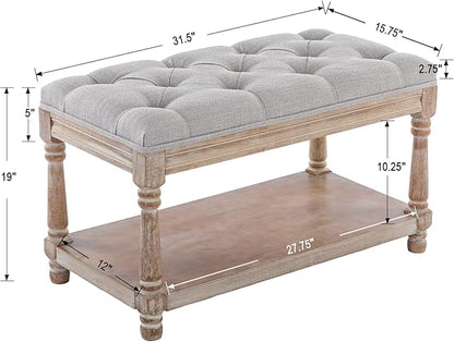 DUOMAY Farmhouse Tufted Storage Ottoman Bench with Shelf, 31.5" Width Linen Upholstered Entryway Shoe Ottoman Foot Stool for Bedroom Living Room Dining Room, Grey