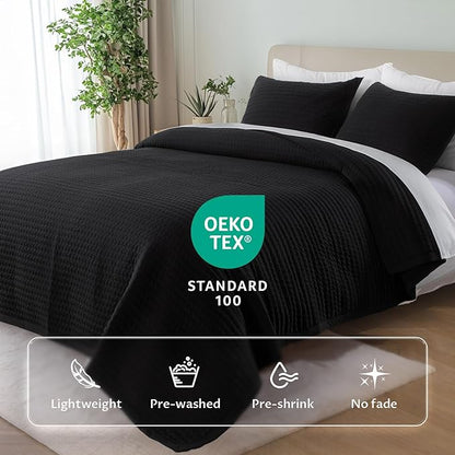 KASENTEX Queen Quilt Set 90"x90" – Soft Washed 3-Layer Lightweight Bedspread, Minimalist Nordic Design, All-Season Spring & Summer Quilt Set (1 Quilt + 2 Pillow Shams), Jet Black