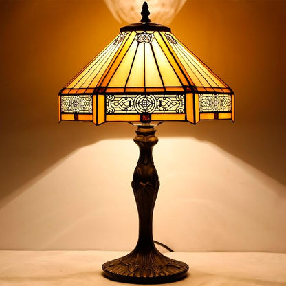 WERFACTORY Tiffany Lamp Yellow Hexagon Stained Glass Mission Style Table Lamp Desk Bedside Reading Light 12X10X18 Inches Decor Bedroom Living Room Home Office S011 Series