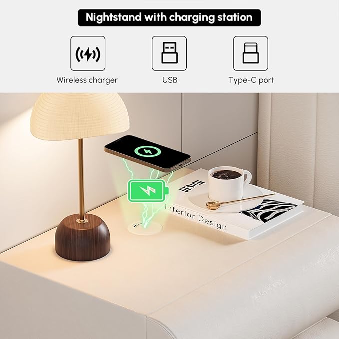 homary Smart Nightstand with Wireless Charging, USB & Type-C Ports – Modern Off White Faux Leather Nightstand with 3 Drawers, Bedside Table with Charging Station for Bedroom