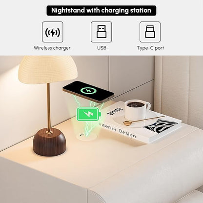 homary Smart Nightstand with Wireless Charging, USB & Type-C Ports – Modern Off White Faux Leather Nightstand with 3 Drawers, Bedside Table with Charging Station for Bedroom