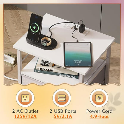 WLIVE Night Stand with Charger Station, White Nightstand with 2 Fabric Drawers, Bedside Table, Small Dresser for Bedroom, Side Table with USB Ports and Outlets