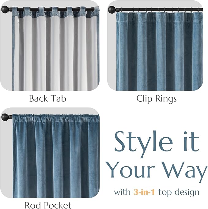 Lazzzy Velvet Blue Curtains 90 Inches Long Blackout Thermal Insulated Room Darkening Lined Curtain Drapes Luxury Back Tab Window Treatments for Bedroom Living Room 2 Panels, 52 x 90 Inch, Aegean Blue