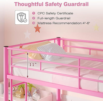 VECELO Bunk Bed Twin Over Twin, Metal Bunkbeds with Ladder and Full-Length Guardrail, No Box Spring Needed, Space Saving, Noise Free, Light Pink