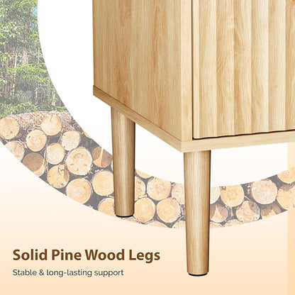 VINGLI Nightstands Set of 2 with Charging Station, Fluted Nightstand 2 Drawer, 15.8" W*15.6" D Mid Century Modern Nightstands for Bedroom, Fluted Bed Side Table, Oak Night Stands Set 2