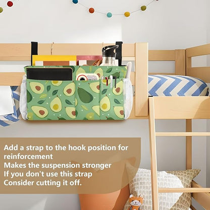 Bedside Caddy Hanging Bunk Bed Caddy Bed Organizer Hanging Pocket with 2 Hooks Bedside Storage Organizer Pocket Bag Holder Green Avocado and Leaf