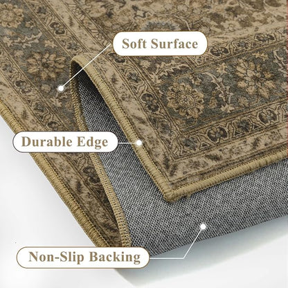 Brown 8x10 Area Rug Washable Vintage Carpet for Living Room Bedroom Large Soft Retro Floral Low Pile Thin Indoor Rug Non Slip Traditional Distressed Floor Cover for Dining Room Office