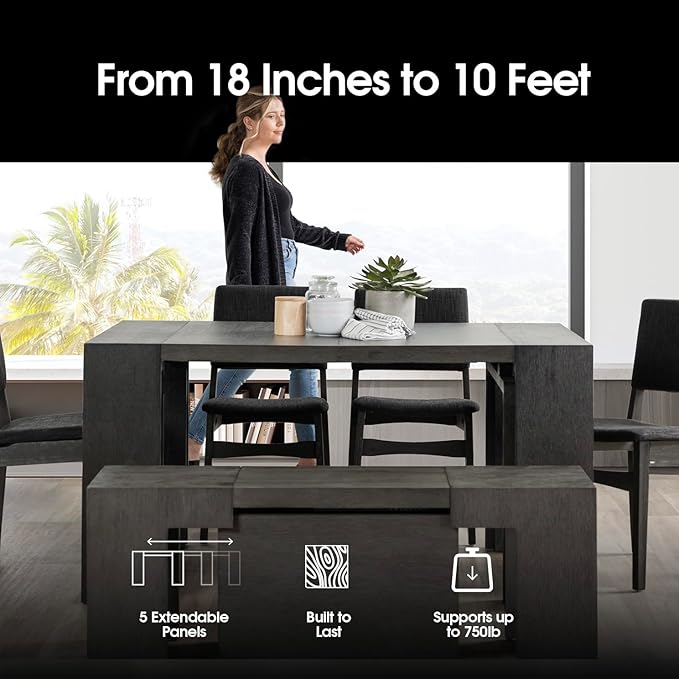 Transformer Table - Solid Wood Extendable Dining Table, Seats 2-12, Extendable Dining Room Table, Space-Saving Furniture, Expandable Dining Furniture (Dark Grey, Table + Bench + Coffee Table)