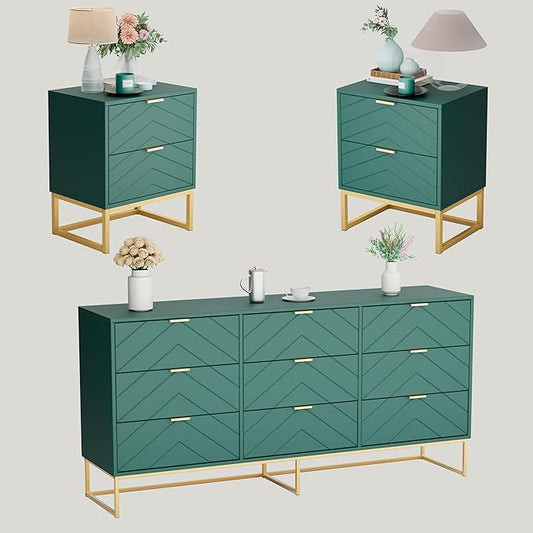 Anbuy 9 Drawer Dresser and Nightstand Sets for Bedroom, Night Stand Set of 2 & 9 Drawer Dresser with Gold Handles, 3 Pieces Bedroom Sets, Morden Wood Chest of Drawers Storage Cabinet Set, Green