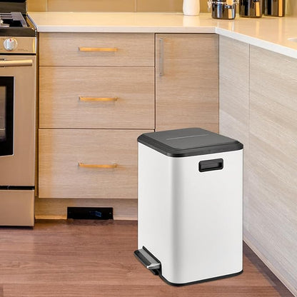 8 Gallon/30 Liter Dual Compartment Trash Can, Stainless Steel Garbage Can with Soft-Close Lid and Two Removable Inner Buckets, 2 x 15L Two Compartment Trash Bin for Kitchen Bedroom Home, White