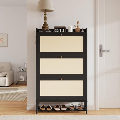 Slim Entryway Shoe Storage Cabinet with 3 Flip Drawers, Modern Freestanding Shoes Organizer Holds 16-20 Pairs, Closed Shoe Storage for Hallway, Foyer - Space-Saving Wood Shoe Cabinet