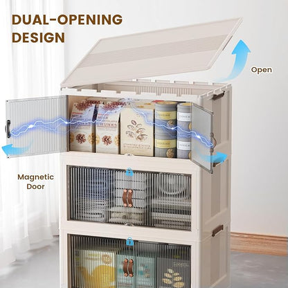 SAILUN 95Gal/381Qt Stackable Storage Bins Folding Collapsible Storage Bins with Lid, Closet Organizers and Storage Box with Door Beige 28" W x 17" D x 46" H