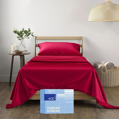 THREAD SPREAD 100% Cotton Bed Sheets Twin XL Set - 400 Thread Count Cotton Twin XL Sheets Only, 3 PC Set (Red), Ultra Soft, Breathable, Cooling, Sateen Weave 16" Deep Pocket Bedsheet for Hot Sleepers