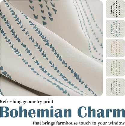 100% Boho Blackout Curtains 90 Inches Long for Bedroom, Blue on Beige Patterned Bohemian Curtains for Living Room, Geometric Striped Thermal Insulated Window Drapes Gromment Top 2 Panels