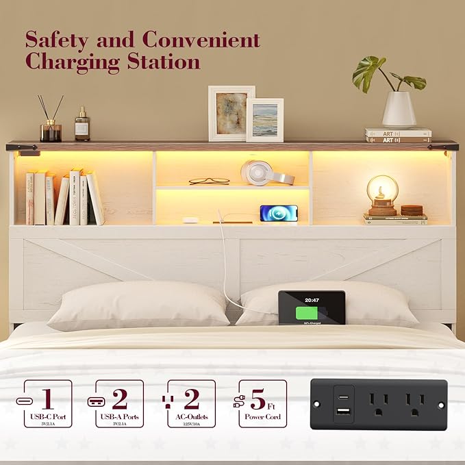 King Size Bed Frame with Bookcase Storage and Drawers, Farmhouse Bed with High Headboard, Charging Station and LED Lights, No Box Spring Needed, Noise Free, Easy Assembly, Antique White