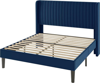 Allewie Queen Size Velvet Bed Frame/Vertical Channel Tufted Wingback Headboard/Upholstered Platform Bed/Strong Wooden Slats/No Box Spring Needed/Easy Assembly/Dark Blue