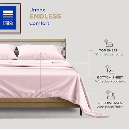 THREAD SPREAD 100% Cotton Sheets King Size - 400 Thread Count King Size Sheets Set (4 PC, Blush), 16" Deep Pocket All Around Elastic, Soft, Cooling, Durable & Breathable Sateen Weave Bed Sheet Set