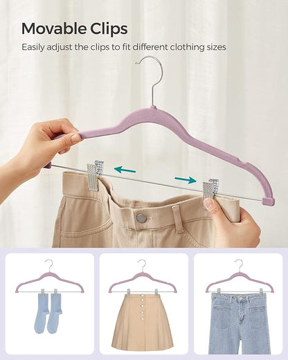 SONGMICS 30-Pack Pants Hangers, 16.7-Inch Long Velvet Hangers with Adjustable Clips, Heavy-Duty, Non-Slip Skirt Hangers, Space-Saving for Pants, Skirts, Coats, Dresses, Pale Purple UCRF012GP30