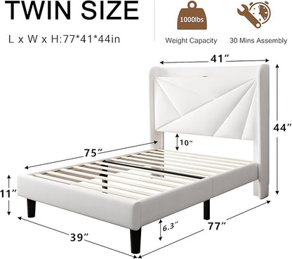 Twin Size Upholstered Bed Frame with Charging Station, Platform Bed Frame with Storage Headboard, Solid Wood Slats Support, No Box Spring Needed, White