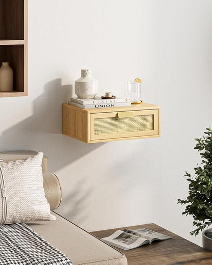 Floating Nightstand, Floating Shelf with Drawer, Wall Mounted Nightstand, Floating Bedside Table (Oak Rattan)