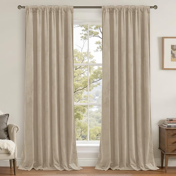 LAMIT Taupe Velvet Curtains 108 Inch for Living Room, Thick Thermal Insulated Room Darkening Drapes Super Soft Elegant Back Tab and Rod Pocket Panels for Sliding Glass Door, 2 Panels, 52 x 108 Inch