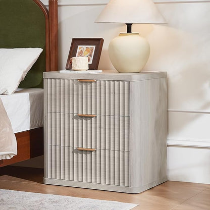 LEYAOYAO Fluted Nightstand with Charging Station, 23" Wide 3 Drawers Night Stand,LightGrey End Table with Open Storage,Farmhouse Bed Side Tables, Wood Dresser for Bedroom, Living Room, Closet