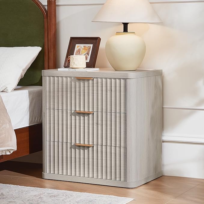 LEYAOYAO 23" Wide Fluted Farmhouse Night Stand Set of 2 with Charging Station, 3 Drawers Large End Table w/Metal Handle, LightGrey Nightstand Bedside Table,Wood Dresser for Bedroom, Closet
