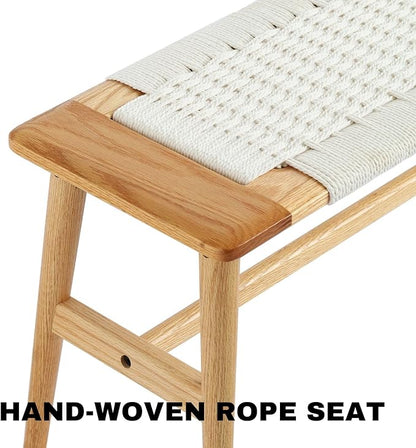 31.5'' Woven Dining Beach with 100% Solid Oak Wood Bench Frame, Hand Knitted Rope Designed Bed End Shoe Bench for Kitchen Bedroom Entryway, White