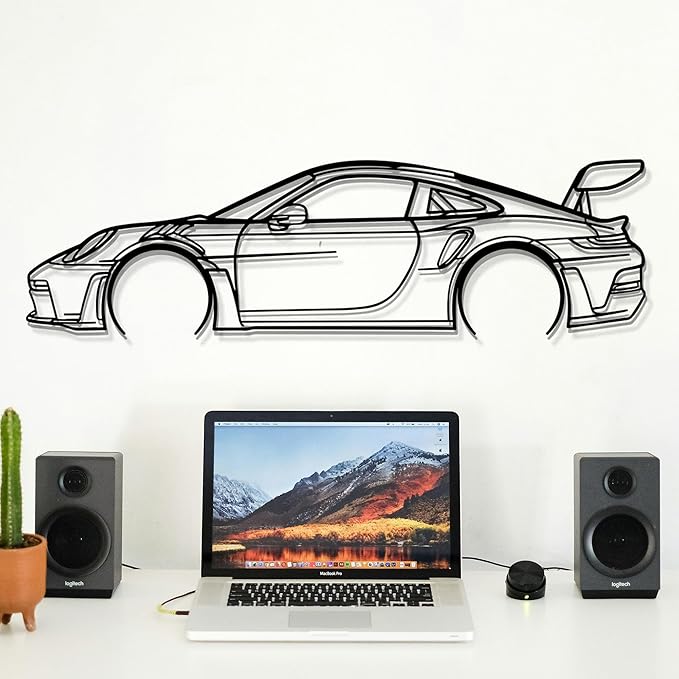 Dekory Car Wall Art – 911 GT3 RS (992) Black Metal Sports Car Silhouette, Modern Industrial Automotive Wall Decor for Garage, Living Room or Bedroom – 32 Inch (M)