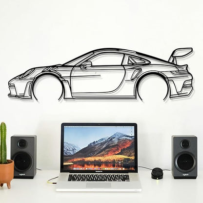 Dekory Car Wall Art – 911 GT3 RS (992) Black Metal Sports Car Silhouette, Modern Industrial Automotive Wall Decor for Garage, Living Room or Bedroom – 32 Inch (M)