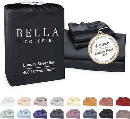 Bella Coterie Luxury Bamboo Viscose Queen Size Sheet Set | 100% Organically Grown | Ultra Soft | Cooling for Hot Sleepers | 18" Deep Pocket [Black]