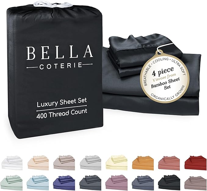 Bella Coterie Luxury Bamboo Viscose Full Size Sheet Set | 100% Organically Grown | Ultra Soft | Cooling for Hot Sleepers | 18" Deep Pocket [Black]