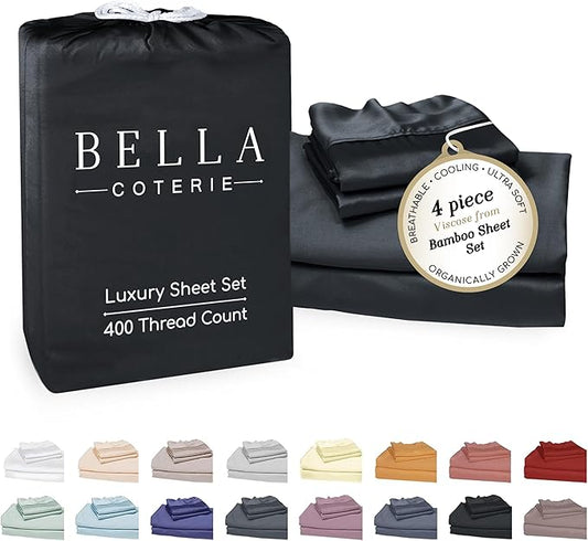 Bella Coterie Luxury Bamboo Viscose Full Size Sheet Set | 100% Organically Grown | Ultra Soft | Cooling for Hot Sleepers | 18" Deep Pocket [Black]