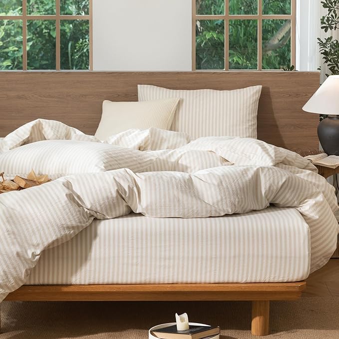 MooMee Striped Duvet Cover Set 100% Washed Cotton Linen Like Textured Breathable Durable Soft Comfy (Almond Milk Grey Classic Stripes, Alaska King 132"x120")