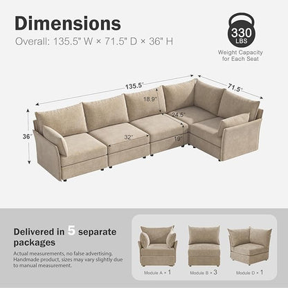 ABCASA 135.5" Oversized Modular Sectional Sofa, L Shaped Convertible Couch with Movable Ottoman, 5 Seat Corner Couches for Living Room Deep Seat Beige Chenille