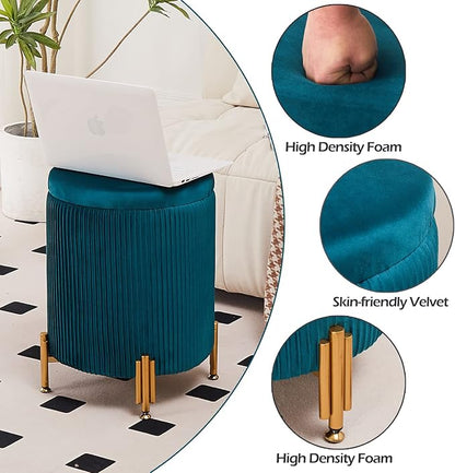 Mxfurhawa Round Ottoman Foot Stool with Storage and Metal Legs for Living Room Bedroom, Velvet Upholstered Footrest Stool Support 300lbs Modern Padded Seat Ottoman Coffee Table (Teal)