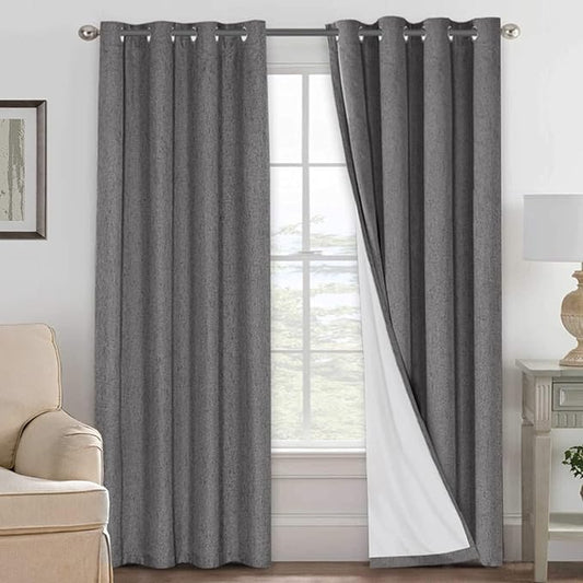 H.VERSAILTEX Linen Curtains 100% Blackout Curtains for Bedroom 102 inch Long Full Light Blocking Nature Linen Blended Window Curtains for Living Room Nickel Grommet (2 Panels, Grey)
