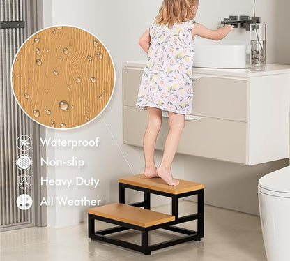 Y&M Two Step Stool for Adults Kids, Waterproof HPDE Bed Step Foot Stool with Adjustable Non-Slip Feet, Metal Frame Stepping for Kitchen Bathroom Bedroom Living Room, Indoor or Outdoor Use, Brown