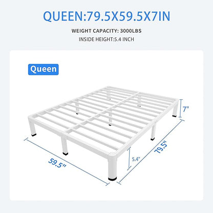 MAF 7 Inch Queen Metal Platform Bed Frame White with Round Corner Legs, Mattress Slide Stopper, 3000 LBS Heavy Duty Steel Slats Support, Noise Free, No Box Spring Needed, Easy Assembly