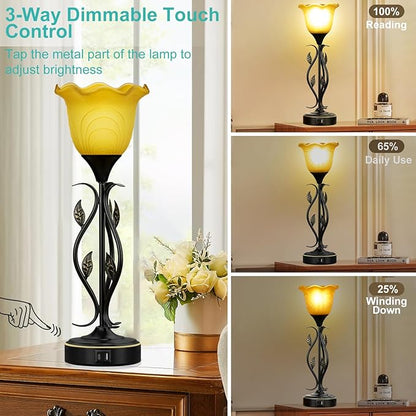 20" Table Lamps for Living Room – Set of 2 Touch Bedside Lamps with USB C Ports, Leafy Vines Amber Flower Shade, Torchiere Design for Bedroom Nightstand, LED Bulbs, Easy Assembly