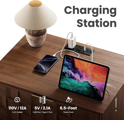 COLAMY Nightstand with Charging Station, 22" Modern Bed Side Table with 2 Storage Drawers and Chessboard Relieffor Bedroom, Dorm and Small Spaces - Walnut
